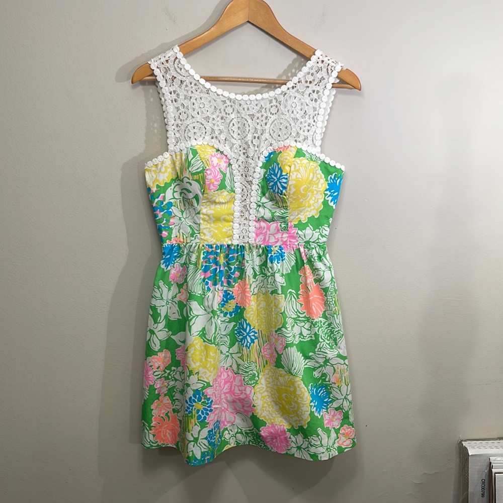 Lilly Pulitzer Green Floral Lace Yoke Sundress with Pink Yellow Blue Accents